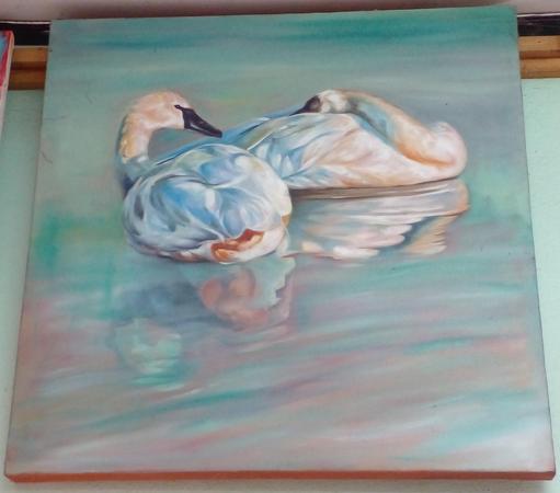a painting of two white swans, floating on water, next to each other, on aqua and pink colored calm water 