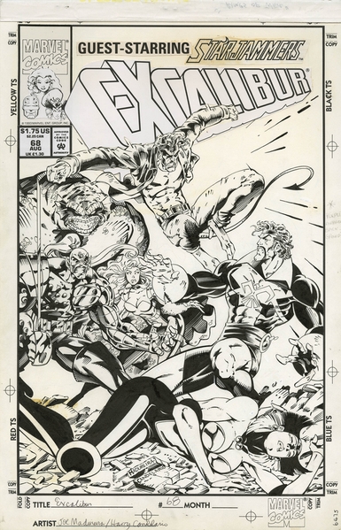 cover of the comic, at the top it reads 'gust starring starjammers', below in large dynamic letters is the title , nightcrawler and the starjammers are confronting corsair, who is standing over a fallen princess lilandra 