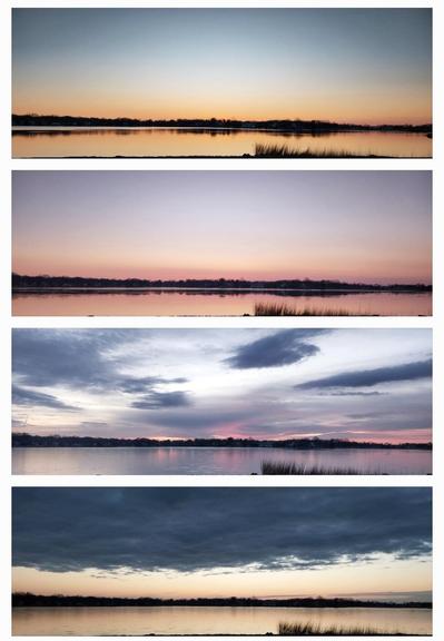Collage of 4 images of pink and blue clouds at sunrise
