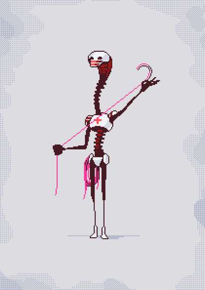 Humanoid medical robot with a head and neck that look a bit like a snake. It is brandishing a hooked needle and some suturing thread. Its body is mostly a dark red pliable looking material with a few white metal plates.