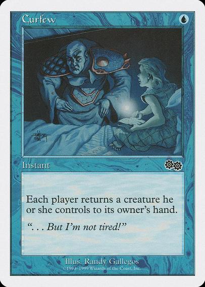 Card Name: Curfew
Set: Battle Royale Box Set
Description: Each player returns a creature they control to its owner's hand.
Artist: Randy Gallegos