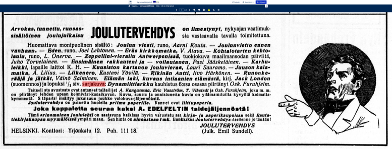 Mainos Joulutervehdys -kirjasta 1916, jossa kerrotaan mm. olevan sarjakuva.