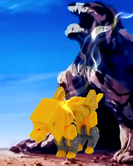 Newage Toys Steeljaw in lion robot mode emerging from the entrance of the Yellow Lion's desert lair from Voltron: Defender of the Universe / Beast King GoLion