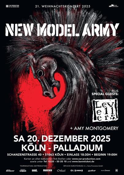 Tourposter für Samsta, den 29.12.2025, das den Auftritt von New Model Army im Kölner Palladium vorstellt und The Levellers + Amy Montgomery als Support begrüssen wird. 