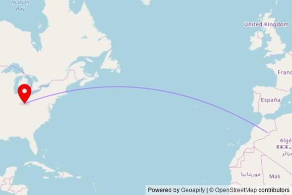 A map showing the great circle route from Maadid in Morocco to a map pin at Evendale Church of Christ, Glendale Milford Road, Evendale, OH 45242, United States of America