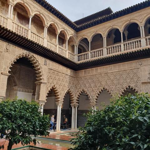 An elaborate courtyard inside a palace, full of fine plaster work. It looks Islamic or like something you may imagine if you read 1001 nights as a kid. 
