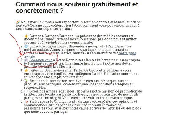 capture d'écran d'actions concrètes pour nous soutenir avec entouré en rouge le point où s'abonner à notre newsletter