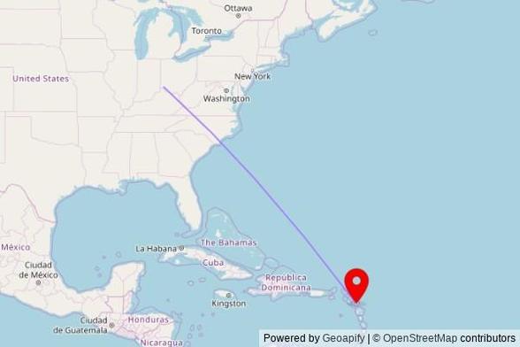 A map showing the great circle route from Evendale in the United States to a map pin at All Saints Anglican Church, Jonas Road, All Saints, Antigua and Barbuda