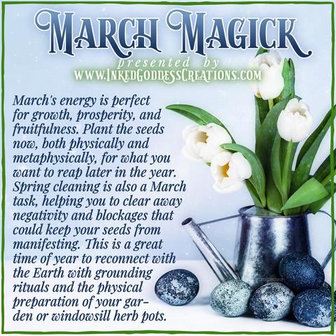 A bluish metal watering can sits atop a white table. It holds a bouquet of white tulips with vibrant green leaves and stems. It is surrounded by blue painted eggs. The text reads, "March's energy is perfect for growth, prosperity, and fruitfulness. Plant the seeds now for what you want to reap later in the year. Spring cleaning is also a March task, helping you to clear away negativity and blockages that could keep your seeds from manifesting." Presented by Inked Goddess Creations.