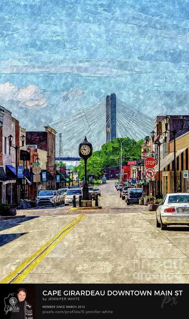 Vertical view looking down the middle of Main Street towards an old fashioned looking clock tower that sits at the Themis intersection with the Bill Emerson Memorial Bridge in the background.
https://5-jennifer-white.pixels.com/featured/cape-girardeau-downtown-main-st-painterly-jennifer-white.html
#artforsale #buyintoart #capegirardeau #ozarks