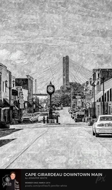 Vertical black and white view looking down the middle of Main Street towards an old fashioned looking clock tower that sits at the Themis intersection with the Bill Emerson Memorial Bridge in the background.
https://5-jennifer-white.pixels.com/featured/cape-girardeau-downtown-main-painterly-grayscale-jennifer-white.html
#artforsale #buyintoart #capegirardeau #ozarks