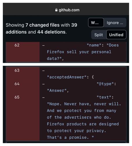 Screenshot showing the question and answer via the GitHub commit, the left side is red to indicate removal 
