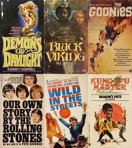 An image of six vintage paperback books, as follows:

1. Ramsey Campbell's "Demons By Daylight – nerve-tingling tales of the unimaginable from the modern master of horror." Minor edgewear. Cover price carefully scratched off revealing white paper through the black cover. 
2. Bill Downey's "Black Viking – Men thought him devil, women called him god. He towered over all in a mighty age of barbarism." This cover shows obvious edgewear and a large tear and tape-repair along the top edge.
3. Steven Spielberg presents "The Goonies." A Richard Donner film. Novelization by James Kahn. Based on a screenplay by Chris Columbus. Story by Steven Spielberg. They call themselves "The Goonies." The secret caves. The old lighthouse. The lost map. The treacherous traps. The hidden treasure. And Sloth... Join the adventure. Obvious creating with color loss at the top open corner.
4. "Our Own Story by The Rolling Stones as we told it to Pete Goodman." It's kinky, man! Kinky! Direct from England! The only official account! With 32 pages of original photographs!
5. "Wild in the Streets: Teen takeover–the day it all happened, baby!" by Robert Thom. Now a stunning movie starring Shelley Winters, Christopher Jones, and Diane Varsi.
6. Kung-Fu Master Richard Dragon — "Dragon's Fists" by Jim Dennis. There is a narrow red stain at the top-most edge of this white cover and a small patch of color pull in the title near old sticker-shadow.