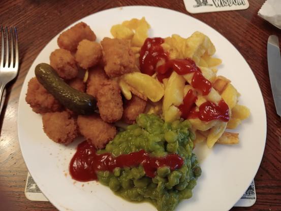 Scampi, Chips, Mushy Peas and a Gherkin