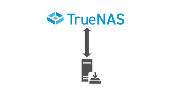 TrueNAS logo at the top of the picture is connected with a dobble sided arrow to a logo of a Backup Server at the bottom of the picture