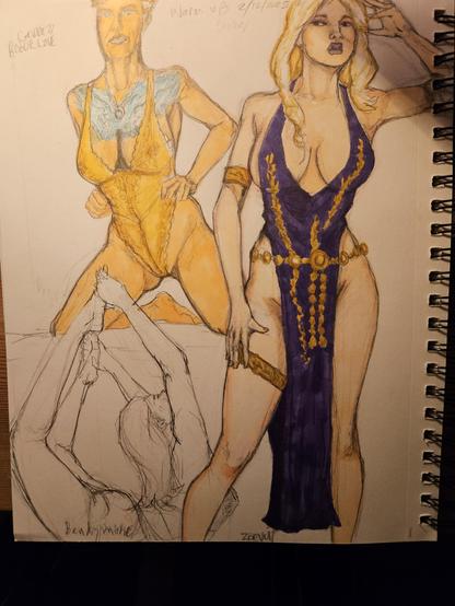 Figure drawings of Rogue Love, ZoeVolf and BendyMuse referenced from social media posts, January 2025.