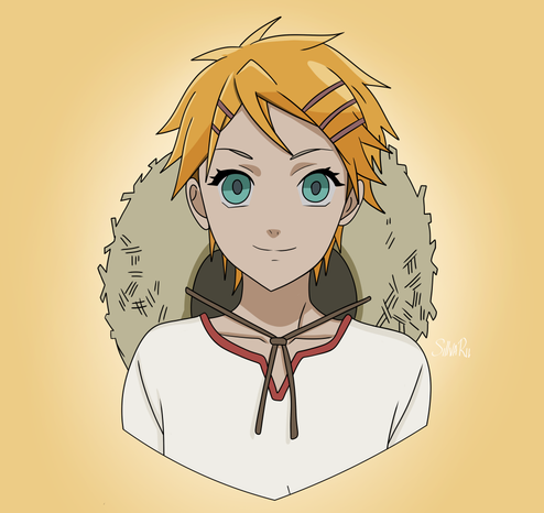 A bust digital drawing of Finnian from the anime and manga Black Butler. He is facing front and smiling, wearing his straw hat on the back of his neck. He is on a pastel yellow background.