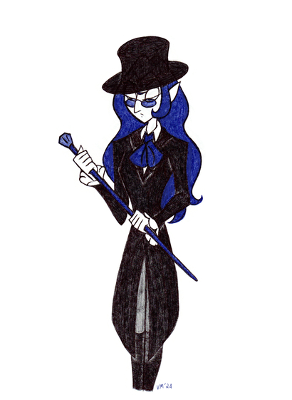 Riley Sawyer as a half-elf dressed in vaguely Victorian men's attire.