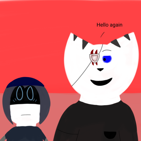 Drawing of Minerva looking scared at Minea who's actually Ennard possessing their body and Ennard through Minea says "Hello again" while having a calm look on their face