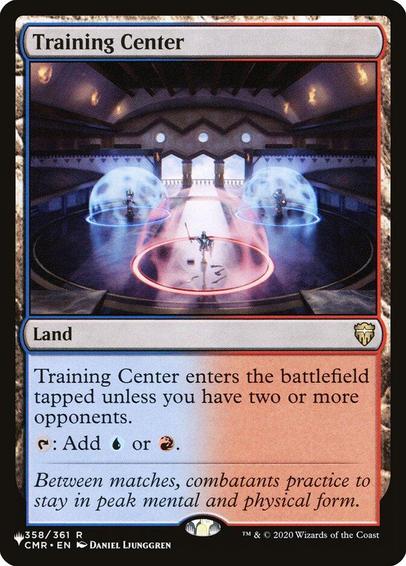 Card Name: Training Center
Set: The List
Description: This land enters tapped unless you have two or more opponents.
{T}: Add {U} or {R}.
Artist: Daniel Ljunggren