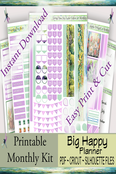 Printable planner stickers – Springtime Joy Easter edition with bunnies, pastel flowers, Easter eggs, and functional stickers like trackers, checklists, and notes. Instant digital download for planners