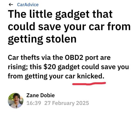 Article by Zane Dobie, regarding OBD2 locks, which uses "knicked" when it should be "nicked" (Australian slang for stolen)