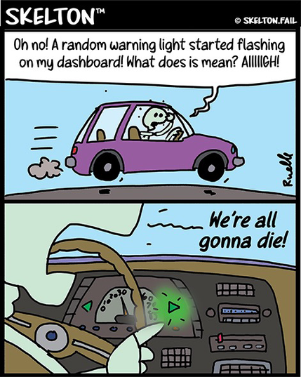 Skelton doesn't recognize the turn signal on his car's console and thinks the blinking light is an indicator of a serious problem, which will result in death.