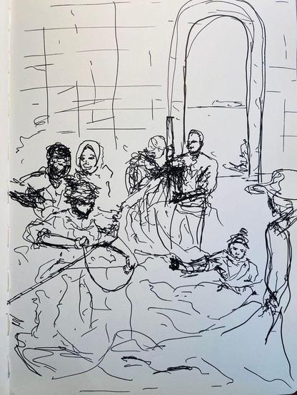 Ink on paper sketch study of Sewing the Sail by Sorolla.