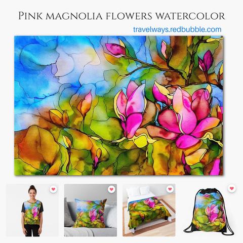  Pink magnolia flowers watercolor