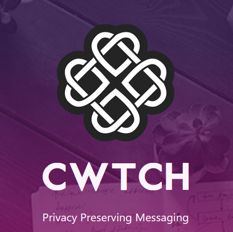 the logo for the secure messenger cwtch. on a purple background, at the top a graphic design of intertwined hearts, below that is the word CWTCH and below that is the text "privacy preserving messaging" 