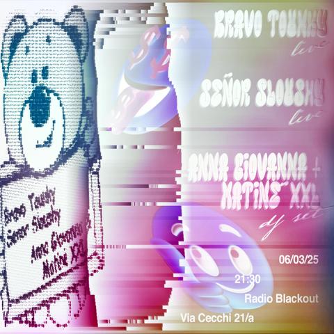 poster for the show
teddy bear holding a sign with the name of the bands playing.
then some 3D-ish emojis and the date, time and place of the concert :
06/03/25 - 21:30 - Radio Blackout - Via Cecchi 21/a