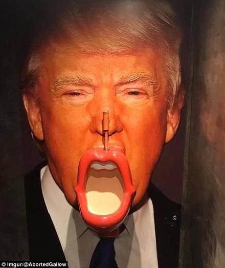 Description of the content: 
Image - Shows a photo of a urinal with the background image of an insignificant stupid person!