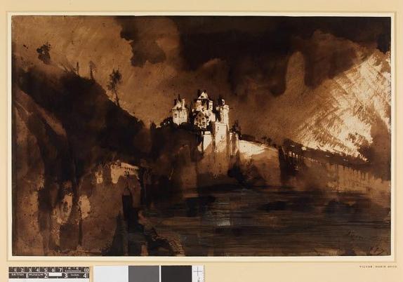 Landscape With a Castle on a Cliff, 1857 by Victor Hugo.

With materials as diverse as coffee dregs, ink and soot, he often elaborated upon chance blots to suggest baroque shapes. He also used stencils, lace and folding to create complex abstract patterns, scraping and manipulating the ink, even with his fingers. 

In Landscape with a castle he created a stencil and brushed ink over it, to leave the fortress as a white reserve, then added details in pen. The ‘assisted’ accidents of the ink washes and strong contrast of light and dark combine to produce a tempestuous atmosphere. 

https://artsandculture.google.com/asset/victor-hugo-landscape-with-a-castle/VwGHuvUUnNhaHA?hl=en