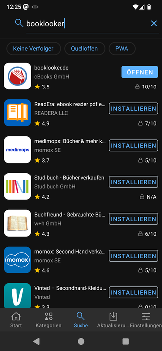 Screenshot of the AppStore AppLounge from Murena, the search shows the title "Booklooker", which is an app for used and antiquarian books. Below of the title there is a 10 out of 10 for DataSecurity. Other apps following up as suggestions show a wide range of the rating, even one has none. Which can be requested through the app and it might take some time, but the ratings will be given ... Ratings are done by Exodus Privacy (a French non-profit organization). This organization is managed by hacktivists who want to protect privacy everywhere.