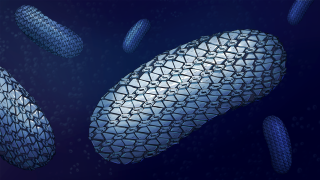 
An image showing several bacterial cells, covered in a metal looking armour