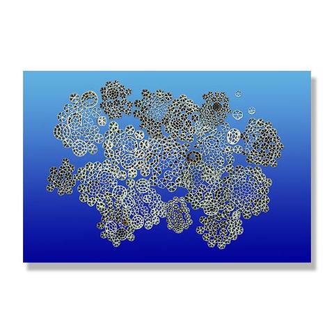 A digital collage of photo cutouts : small plastic waste waters filters assembled in a coral shape on a gradient blue background.