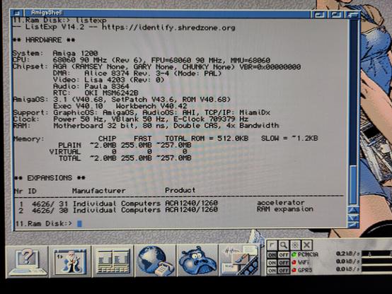 Closeup of the Shell window on the Workbench, running ListExp, showing the properties of the system.