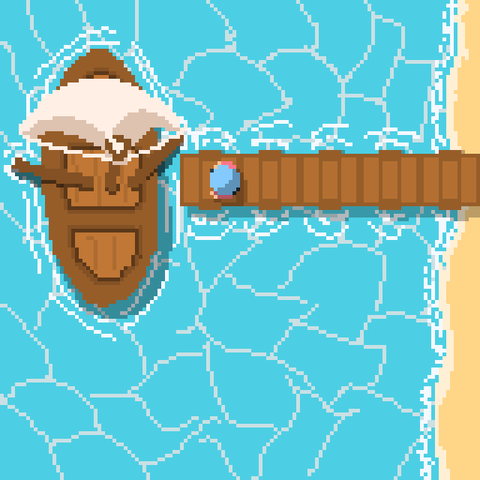 A wooden bridge in the shore, there is a boat in the water and a person on the bridge.