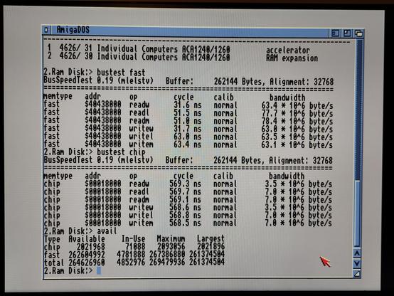 System booted into Shell without Workbench, showing results of BusTest.