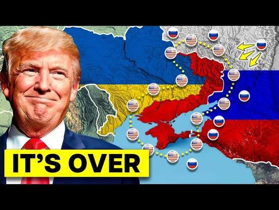 Thumbnail for https://www.youtube.com/watch?v=9JCcLO9aai0 highlighting US flags surrounding Russian occupied territories in Ukraine and a smiling Trump...