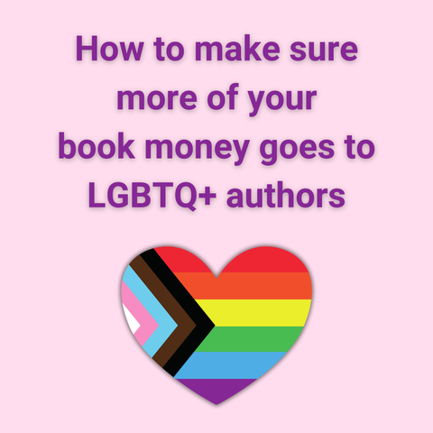 How to make sure more of your book money goes to LGBTQ+ authors. Below the text is a heart in the colors of the Pride flag. 