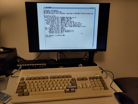 An Amiga 1200 with an ACA1260 accelerator, running WhichAmiga tool to show the 100Mhz CPU operation.