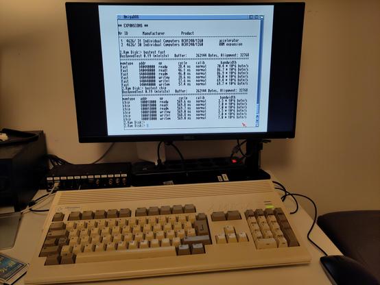 An Amiga 1200 with an ACA1260 accelerator, running bustest at 100Mhz.