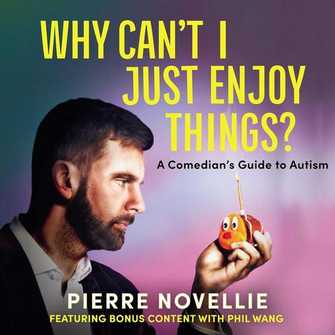 Book titled, "Why Can't I Just Enjoy Things?" by Pierre Novellie. Cover shows the author, a dark haired neat-bearded man wearing an open collar white shirt and a relaxed dark velvet jacket. He holds a childish little cake in his hand with a single, lit, gold candle atop it. His face is blank. He merely stares at the cake.
