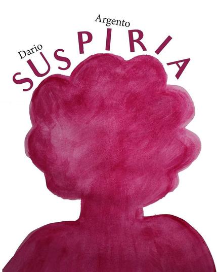 ombre en forme de tête avec des cheveux peinte avec de la peinture rouge, un texte au dessus dit : "Dario Argento - Suspiria"