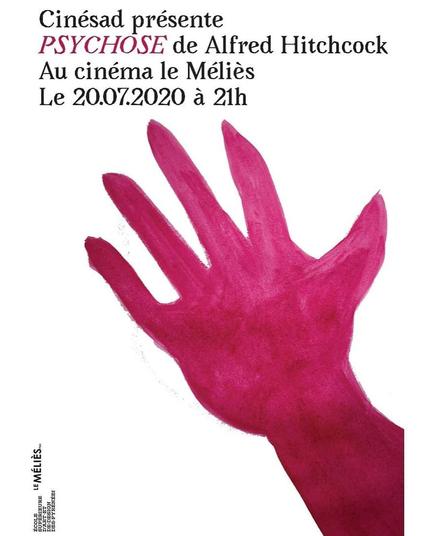 Main peinte à la peinture rouge, un texte au dessus dit : 
"Cinésad présente
PSYCHOSE de Alfred Hitchcock
Au cinéma le Mélies
Le 20.07.2020 a 21h"
