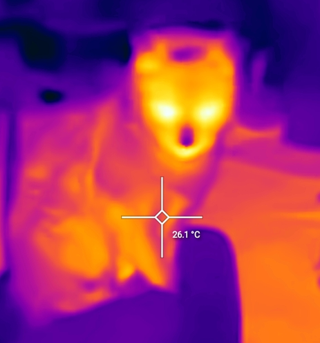 Infrared image of a cat sitting. Eyes glowing menacingly.