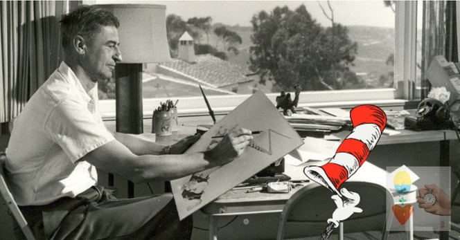 Black and white publicity still of Theodore Giesel at his drawing board. A color clip art element of the Cat in the Hat’s hand tipping its hat is visible to the lower right.