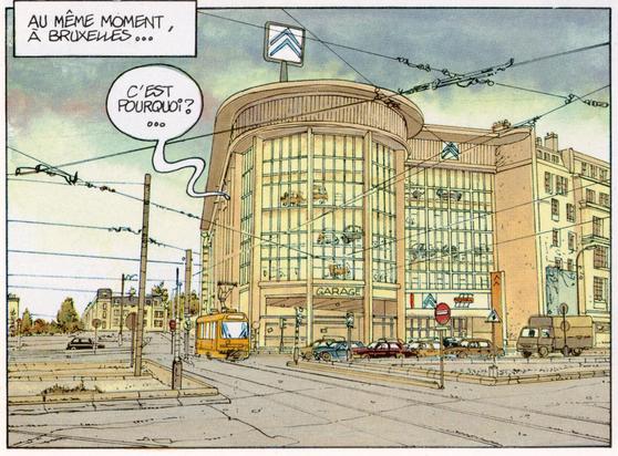 tiré de la bande dessinée « Jaunes: labyrinthe » de Bucquoy et Tito, vue générale d'un garage Citroën art déco à Bruxelles, avec de grandes verrières