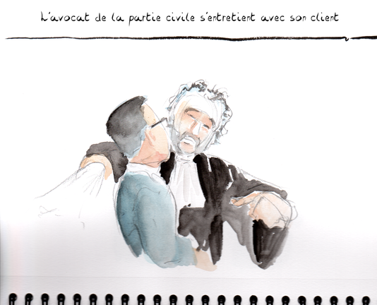 Dessin de séance par Myster Ty, aquarelle.

L'avocat de la partie civile, un bras posé sur le dossier du banc, l'autre se terminant en un index  s'entretient avec son client